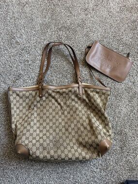 Gucci Brown Beige GG Canvas Tote with Leather Trim